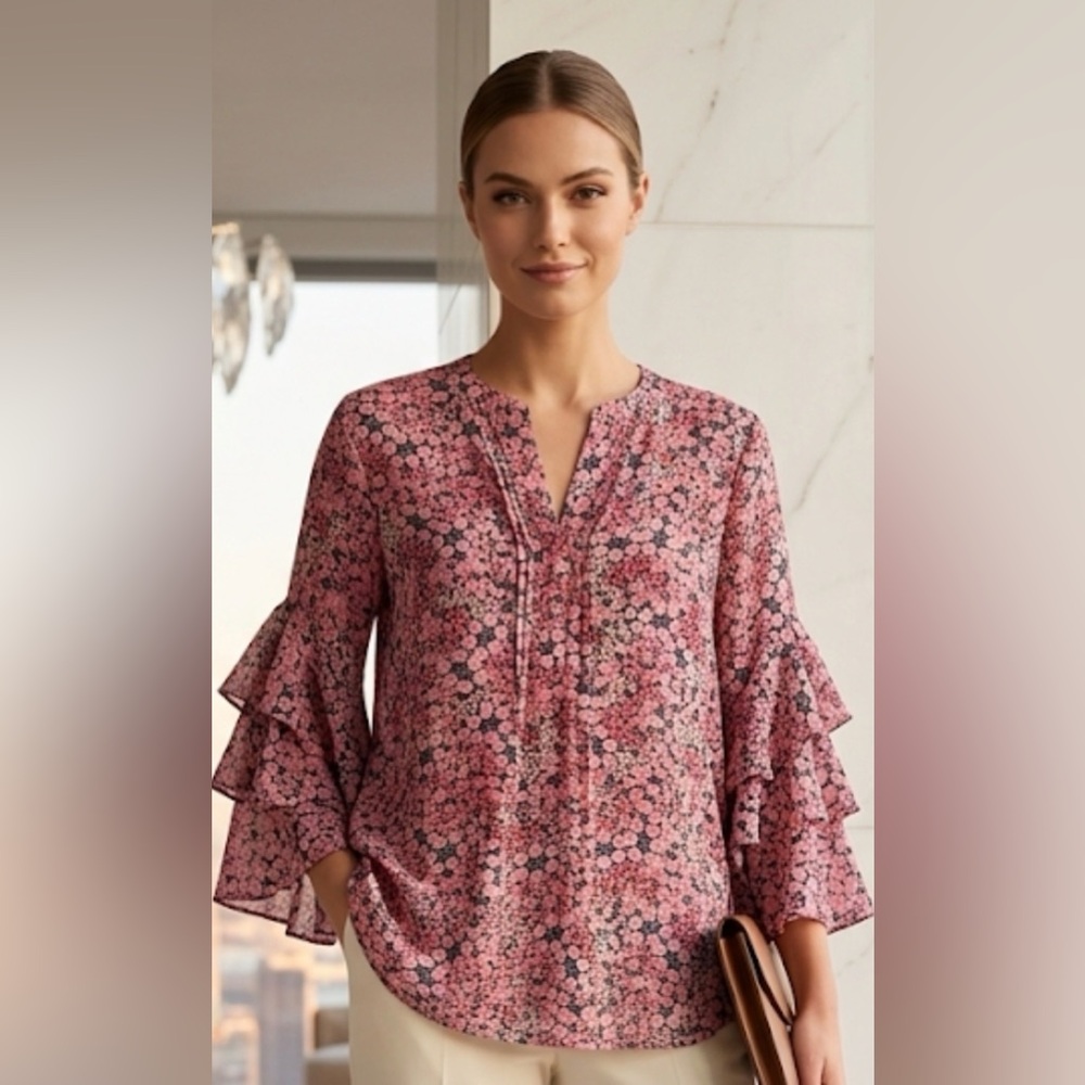 Vince Camuto Pink Floral Ruffle-Sleeve Blouse